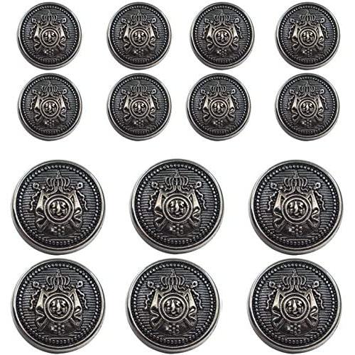 14 Piece Antiqued Black Silver Metal Blazer Button Set - Crown - for Blazer, Suits, Sport Coat, Uniform, Jacket 15mm 20mm