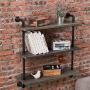 MyGift 32-inch Rustic Gray Wood & Industrial Pipe Wall Mounted 3-Tier Floating Bookshelf Display Shelving Unit
