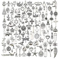 WOCRAFT 100 pcs Wholesale Bulk Lots Animals Tools Charms for Jewelry Making Mixed Smooth Tibetan Silver Metal Charms Pendants DIY for Jewelry Making Necklace Bracelet and Crafting (M356)