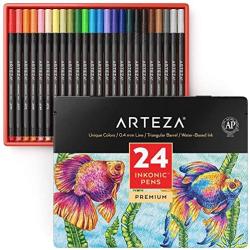 ARTEZA Inkonic Fineliners Fine Point Pens, Set of 24 Fine Tip Markers with Color Numbers, 0.4mm Tips, Ergonomic Barrels, Brilliant Assorted Colors for Coloring, Drawing & Detailing