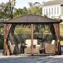 Outsunny 12’ x 10’ Steel Hardtop Canopy Patio Gazebo with Fully Enclosed Zippered Curtains & Comfortable Interior, Brown