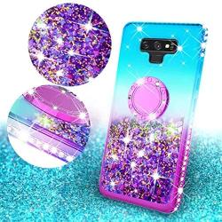 SOGA Rhinestone Glitter Bling Liquid Floating Quicksand Cute Phone Case Compatible for Samsung Galaxy Note 9 Case with Embedded Metal Ring for Magnetic Car Mounts Include Lanyard - Purple on Mint