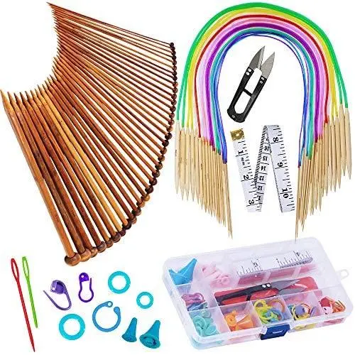 Exquiss Knitting Needles Set-18 Pairs 18 Sizes Bamboo Circular Knitting Needles with Colored Tube + 36 Pcs 18 Sizes Single Pointed Bamboo Knitting Needles 2.0 mm-10.0 mm + Weaving Tools Knitting Kits Exquiss Knitting Needles Set-18 Pairs 18 Sizes Bamboo Circular Knitting Needles with Colored Tube + 36 Pcs 18 Sizes Single Pointed Bamboo Knitting Needles 2.0 mm-10.0 mm + Weaving Tools Knitting Kits