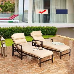 LOKATSE HOME Outdoor Patio Chaise Lounge Chair with Adjustable Backrest and Arms Metal Lounger Furniture All Weather, Khaki