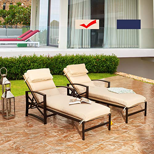 LOKATSE HOME Outdoor Patio Chaise Lounge Chair with Adjustable Backrest and Arms Metal Lounger Furniture All Weather, Khaki