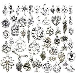 Youdiyla 100pcs Mix Silver Tree Flower Charms Collection, Bulk Mini Small Little Charms Metal Pendant Craft Supplies Findings for Necklace and Bracelet Jewelry Making (HM291)