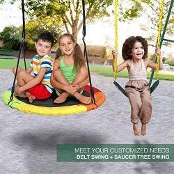 Trekassy 440lbs 2 Seat Swing Set, 1 Saucer Swing Seat and 1 Belt Swing Seat with Heavy Duty A-Frame Metal Swing Stand