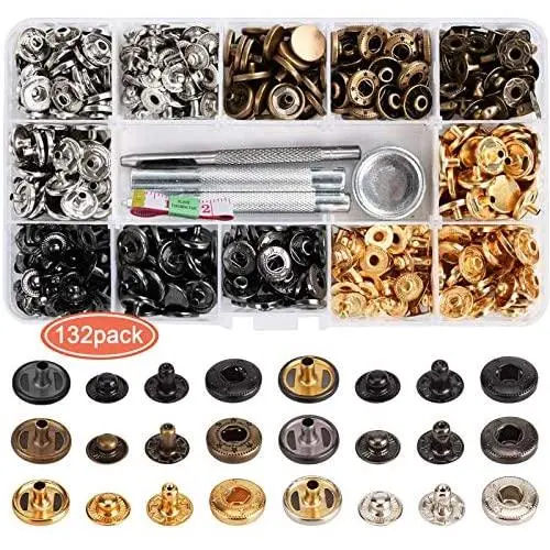 132 Set Leather Snap Fasteners Kit, 0.49 inch Metal Button Snaps Press Studs with 4 Installation Tools, 6 Color Leather Snaps for Clothes, Jackets, Jeans Wears, Bracelets, Bags
