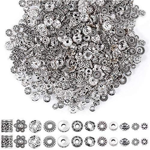 Paxcoo 600pcs 12 Style Silver Spacer Beads Jewelry Bead Charm Spacers for Jewelry Making Bracelets Necklace