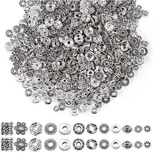 Paxcoo 600pcs 12 Style Silver Spacer Beads Jewelry Bead Charm Spacers for Jewelry Making Bracelets Necklace