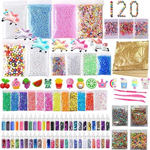 120 Pack Slime Making Kits Supplies,Gold Leaf,Foam Balls,Glitter Shake Jars,Fishbowl Beads,Fruit Slices,Fake Sprinkles,Glitter Sequins Accessories, Sugar Papers (Slime Kits)