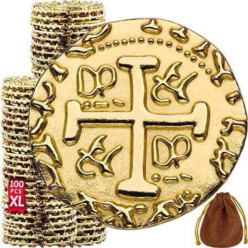 Metal Pirate Coins - 100 X Large Gold Treasure Coin Set, Metal Replica Spanish Doubloons for Board Games, Tokens, Toys, Cosplay - Realistic Money Imitation, Pirate Treasure Chest - Diameter: 1.18''