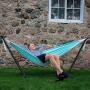 Vivere C9POLY-13 Double Polyester Hammock with Space Saving Steel Stand, Aqua (450 lb Capacity - Premium Carry Bag Included)
