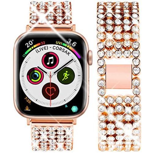 Goton Band Compatible with Apple Watch Band 44mm 42mm , Women Beads Link Crystal Bling Stainless Metal Replacement Strap for iWatch Band Series SE 6 5 4 3 2 1 (Rosegold, 44mm 42mm)