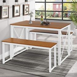 Sense FV Dining Table Set,3 Pieces Modern Kitchen Table Set with 2 Benches, Wood Tabletop with Metal Frame,White