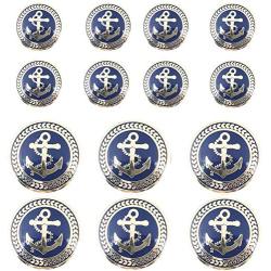 14 Piece Vintage Golden Blue Metal Blazer Button Set - Naval Anchor - for Blazer, Sport Coat, Uniform, Jacket