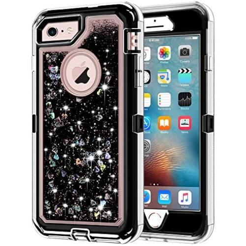 Anuck Case for iPhone 6S Plus Case, for iPhone 6 Plus Case (5.5 inch), 3 in 1 Hybrid Heavy Duty Defender Case Sparkly Floating Liquid Glitter Protective Hard Shell Shockproof TPU Cover - Black