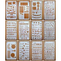 Journal Stencils, Journal Planner Stencils Set 12 Pack for A5 Notebook & Most Journals, Includes Letter Stencil, Number Stencils, Drawing Stencils, Icons, Charts, Shapes for Bujo