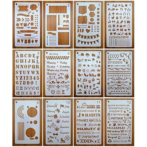 Journal Stencils, Journal Planner Stencils Set 12 Pack for A5 Notebook & Most Journals, Includes Letter Stencil, Number Stencils, Drawing Stencils, Icons, Charts, Shapes for Bujo Journal Stencils, Journal Planner Stencils Set 12 Pack for A5 Notebook & Most Journals, Includes Letter Stencil, Number Stencils, Drawing Stencils, Icons, Charts, Shapes for Bujo