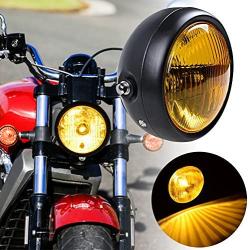 Set 6-1/2 Round Amber Lens Headlight + Metal Mesh Grille Cover + 35mm-43mm Headlamp Mount Brackets