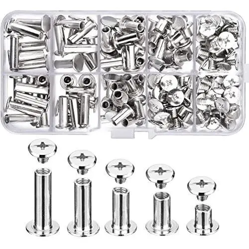 Pangda 80 Set Chicago Binding Screws Assorted Kit 5 Sizes Metal Round Cross Head Stud Screw Posts Nail Rivet Chicago Button for DIY Leather Decoration Bookbinding (5 x 6, 10, 12, 15, 18)