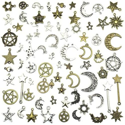 Celestial Mixed Sun Moon Star Charms, JIALEEY Wholesale Bulk Lots Antique Alloy Charms Pendants DIY for Necklace Bracelet Jewelry Making and Crafting, 100g(74PCS)