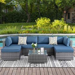 Walsunny 7pcs Patio Outdoor Furniture Sets,Low Back All-Weather Rattan Sectional Sofa with Tea Table&Washable Couch Cushions&Ottoman (Aegean Blue)