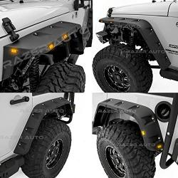 Razer Auto Rock Crawler Stubby Smooth Black Finished Pocket Style+Rivet Front+Rear 4pcs Fender Flares w/ 10x LED Light Side Maker (Smooth Black) for 07-17 Jeep Wrangler JK