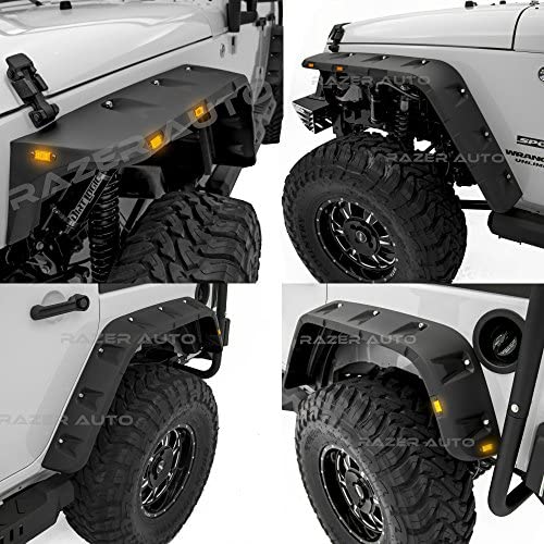 Razer Auto Rock Crawler Stubby Smooth Black Finished Pocket Style+Rivet Front+Rear 4pcs Fender Flares w/ 10x LED Light Side Maker (Smooth Black) for 07-17 Jeep Wrangler JK
