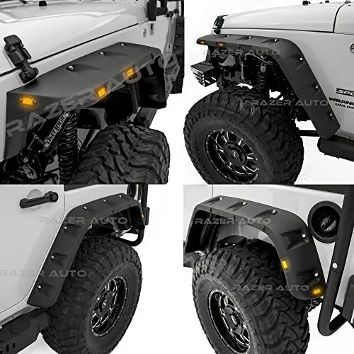 Razer Auto Rock Crawler Stubby Smooth Black Finished Pocket Style+Rivet Front+Rear 4pcs Fender Flares w/ 10x LED Light Side Maker (Smooth Black) for 07-17 Jeep Wrangler JK