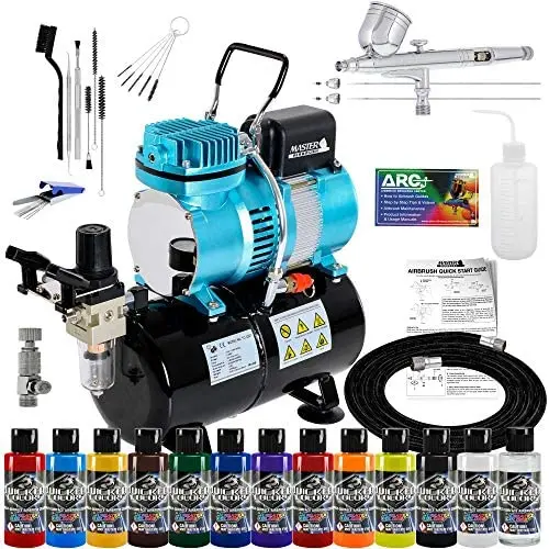 Master Airbrush Cool Runner II Dual Fan Air Tank Compressor System Kit with Professional G233 Gravity Airbrush Kit with 3 Tips, 12 Createx Wicked Colors Acrylic Paint Artist Set, Airbrush Cleaning Kit Master Airbrush Cool Runner II Dual Fan Air Tank Compressor System Kit with Professional G233 Gravity Airbrush Kit with 3 Tips, 12 Createx Wicked Colors Acrylic Paint Artist Set, Airbrush Cleaning Kit