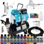 Master Airbrush Cool Runner II Dual Fan Air Tank Compressor System Kit with Professional G233 Gravity Airbrush Kit with 3 Tips, 12 Createx Wicked Colors Acrylic Paint Artist Set, Airbrush Cleaning Kit