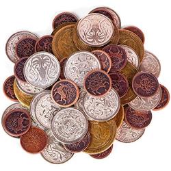 The Dragons Hoard: 60 Real Metal Fantasy Coins with Leather Pouch | Board Game Accessory for Tabletop RPG Role-Play Strategy Games | Bronze, Silver, and Gold Colored Coins