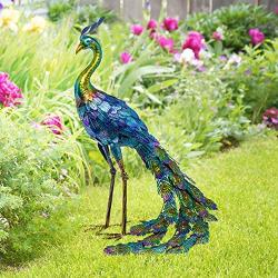 Alpine Corporation JUM208 Metallic Peacock Statue Outdoor Garden, Patio, Deck, Porch-Yard Art Decoration, 27-Inch Tall, Multicolor