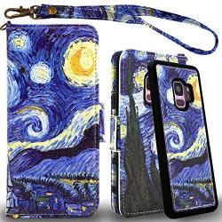 Mefon Galaxy S9 Wallet Case Leather Detachable, Durable Slim, Enhanced Magnetic Closure, with Wrist Strap, Card Slot, Kickstand, Luxury Flip Folio Phone Cases for Samsung Galaxy S9 5.8 (Starry Night)