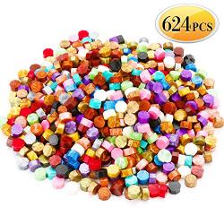 624PCS Sealing Wax Beads Packed in Plastic Box, with 2PCS Tea Candles and 1 PC Wax Melting Spoon for Wax Sealing Stamp (24 Colors)