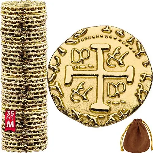 Metal Pirate Coins - 35 Gold Treasure Coin Set, Metal Replica Spanish Doubloons for Board Games, Tokens, Toys, Cosplay - Realistic Money Imitation, Pirate Treasure Chest - Medium Size 7/8 inch Metal Pirate Coins - 35 Gold Treasure Coin Set, Metal Replica Spanish Doubloons for Board Games, Tokens, Toys, Cosplay - Realistic Money Imitation, Pirate Treasure Chest - Medium Size 7/8 inch