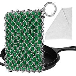 Herda Cast Iron Skillet Cleaner - Upgraded Chainmail Scrubber Set with Bamboo Fiber Cloth, 316 Stainless Steel 3D Chain Metal Scraper Scrub Brush for Cast Iron Pan Pot Accessories Cleaning Kit (Green)