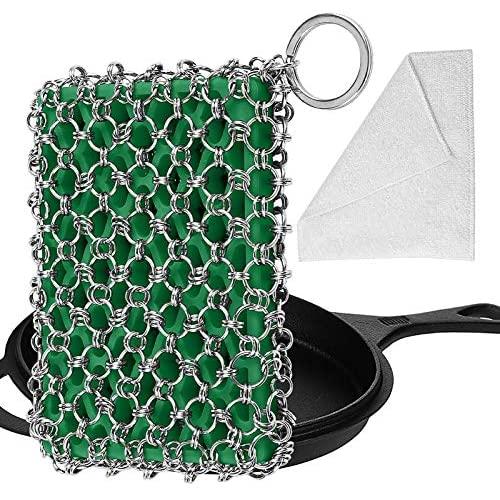 Herda Cast Iron Skillet Cleaner - Upgraded Chainmail Scrubber Set with Bamboo Fiber Cloth, 316 Stainless Steel 3D Chain Metal Scraper Scrub Brush for Cast Iron Pan Pot Accessories Cleaning Kit (Green)