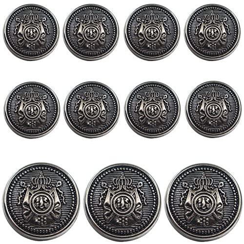 11 Piece Antiqued Black Silver Metal Blazer Button Set - Crown - for Blazer, Suits, Sport Coat, Uniform, Jacket (Black Silver)