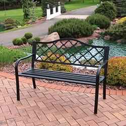 Sunnydaze Outdoor Patio Bench - 2-Person Outside Garden Park Bench Furniture - Durable Cast Iron Metal - Black Lattice Decorative Design - Outdoor Seating for Yard, Porch, Deck, Entryway or Backyard