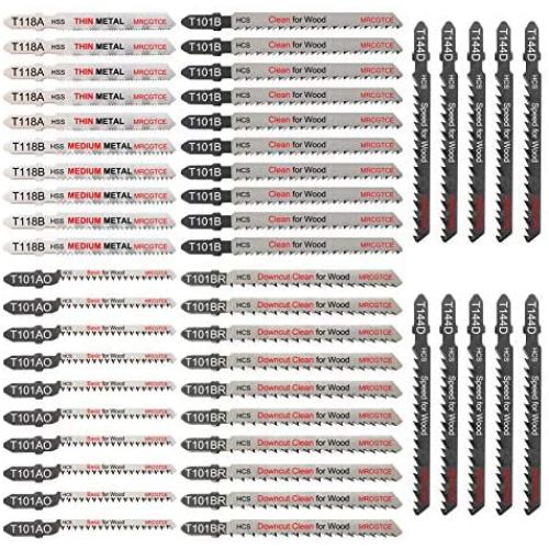 50 Piece Contractor JigSaw Blades Set with Storage Case, Assorted T-Shank Jig saw Blades for Wood, Plastic and Metal Cutting(T118A,T118B,T101AO,T101B,T101BR,T144D)