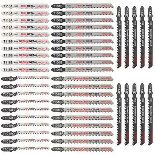 50 Piece Contractor JigSaw Blades Set with Storage Case, Assorted T-Shank Jig saw Blades for Wood, Plastic and Metal Cutting(T118A,T118B,T101AO,T101B,T101BR,T144D)