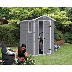 KETER Manor 4x6 Resin Outdoor Storage Shed Kit-Perfect to Store Patio Furniture, Garden Tools Bike Accessories, Beach Chairs and Lawn Mower, Grey & White