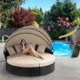 Walsunny Patio Furniture Outdoor Lawn Backyard Poolside Garden Round Daybed with Retractable Canopy Wicker Rattan, Seating Separates Cushioned Seats