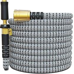 TITAN 100 FT Garden Hose - All New Expandable Water Hose with Triple Latex Core 3/4'' Easy Removal Solid Brass Fittings Expanding Extra Strength Fabric Flexible Hose with Jet Nozzle and Washers (H)