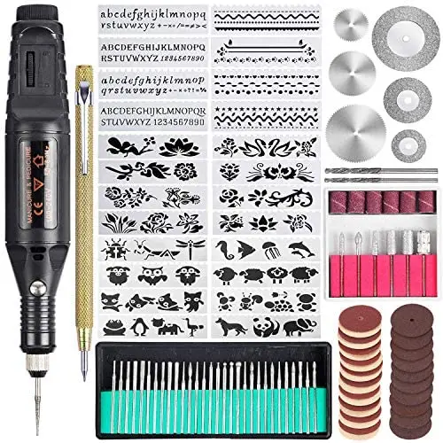 Uolor 108 Pcs Engraving Tool Kit, Multi-Functional Electric Corded Micro Engraver Etching Pen DIY Rotary Tool for Jewelry Glass Wood Metal Ceramic Plastic with Scriber, 82 Accessories and 24 Stencils Uolor 108 Pcs Engraving Tool Kit, Multi-Functional Electric Corded Micro Engraver Etching Pen DIY Rotary Tool for Jewelry Glass Wood Metal Ceramic Plastic with Scriber, 82 Accessories and 24 Stencils