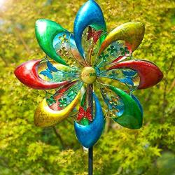 Sowsun Wind Spinner Outdoor, Colorful Flower 8-Blade Metal, Wheel Spinner, Dual Rotors Wind Sculpture for Yard Art or Garden Decoration