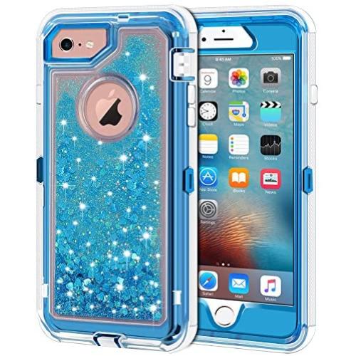 Anuck Case for iPhone 6S Plus Case, for iPhone 6 Plus Case (5.5 inch), 3 in 1 Hybrid Heavy Duty Defender Case Sparkly Floating Liquid Glitter Protective Hard Shell Shockproof TPU Cover - Blue