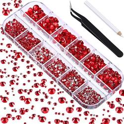 TecUnite 2000 Pieces Flat Back Gems Round Crystal Rhinestones 6 Sizes (1.5-6 mm) with Pick Up Tweezer and Rhinestones Picking Pen for Crafts Nail Face Art Clothes Shoes Bags DIY (Red)